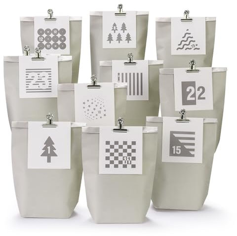 KOHMUI Adventskalender zum Befüllen, 24 Weihnachtskalender Papiertüten zum Selbst Füllen, Zahlen Etiketten mit Geometrische Formen, Geschenktüten zum Selber Basteln