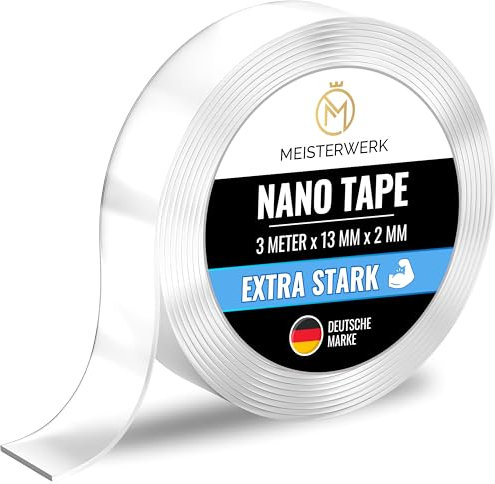 MEISTERWERK - Doppelseitiges Nano-Klebeband [EXTRA STARK] - Klebstofffrei & Spurlos dank Gecko-Effekt I Rutschfest - Waschbar & Wiederverwendbar