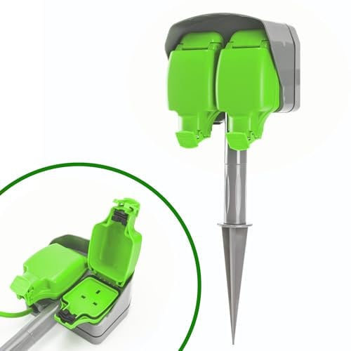 STATUS Garden Spike Socket, 15m Outdoor Extension Lead, Waterproof, 13 Amp, Dual Socket, IP54 Rated, Ideal for Lawn, Garden, Power Tools, DIY Use (2W15M13AIP54SS4)