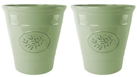 Classic Olive Plastic Planter for Gardening – Outdoor & Indoor Flowers Pot with Glossy Finish | Weatherproof Plant Pot with Drainage Holes – Flower Pots for Gardens & Balconies (Green, 23cm-Pack 2)