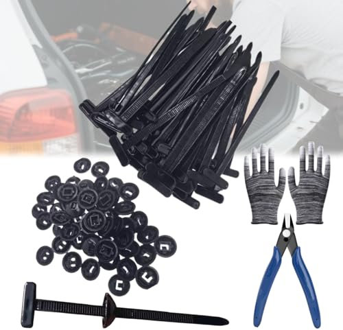 QCBFN 100 Piezas Nylon Universal Cable Tie Buckle, Brida Universal de Nailon para Coche, Zip Tie Buckle Multiusos, con Alicates y Guantes