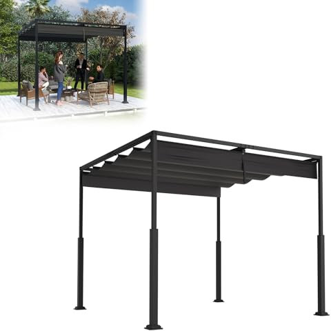 Froadp Pergola autoportante de 3 x 3 m avec cadre en acier durable et toit coulissant réglable en polyester revêtu de PA de 160 g, auvent de terrasse résistant aux intempéries avec montage facile