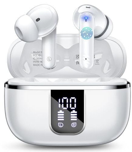 Auriculares Inalámbricos Bluetooth, Cascos Inalambricos Bluetooth 5.4 con 4 Reducción de Ruido Mic, 46H auriculares inalambricos con HiFi Estéreo, Impermeable IPX7 Auriculares para Android iOS. Blanco
