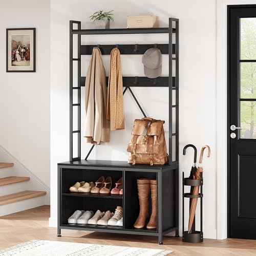 Coat Rack with Shoe Storage, Industrial Freestanding Hall Tree with Coat Hooks & Metal Frame, for Hallway, Living Room, Bedroom, Cloakroom 93 x 35 x 178 cm - Black