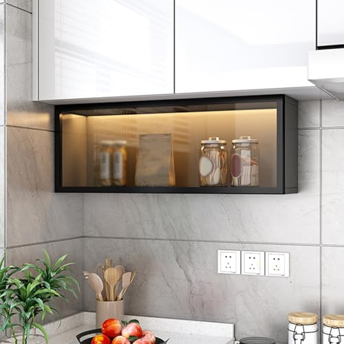 Hltdzer Wandmontierte Vitrinen Schrank mit Aufklappbaren Glastüren für Küche Wandhängendes Gestell aus Massivholz mit Sensorlicht für Küche und Esszimmer(Black,60 * 19 * 30cm/23.6 * 7.5 * 11.8in)