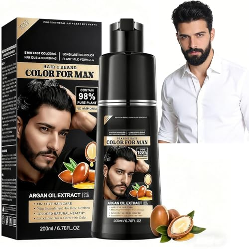 Nero Shampoo Colorante Uomo,4 in 1 Shampoo Colorante per Uomo con Olio di Argan,Colore Naturale per Capelli e Barba,Copertura Naturale dei Capelli Bianchi,Teinture Barbe,Facile e Veloce,Uso Domestico
