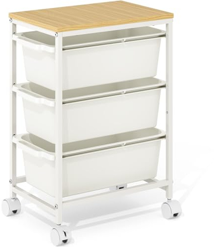 KINGBOARD 3 Drawers Storage Trolley on Wheels, White | Plastic Drawers, Craft Storage, Under Desk Storage, Rolling Utility Cart, Organizer, Bedroom, Office