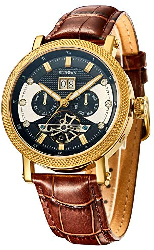 SURVAN WatchDesigner Montre Automatique pour Homme Verre Saphir avec mécanisme Squelette 19K plaqué Or Bracelet en Cuir
