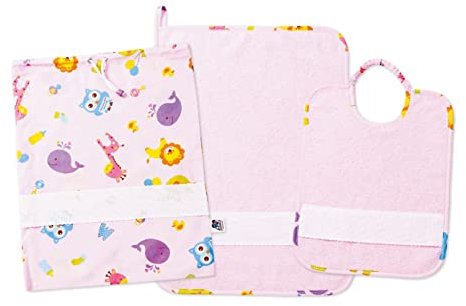 FILET- Ensemble Trois Pièces Jardin d'Enfants avec Toile Aida à Broder, Composé d'un Sac, une Serviette et un Bavoir en Tissu Éponge Coloré, 100% Coton Made in Italy, Motif Lettre et Animaux Fond Rose