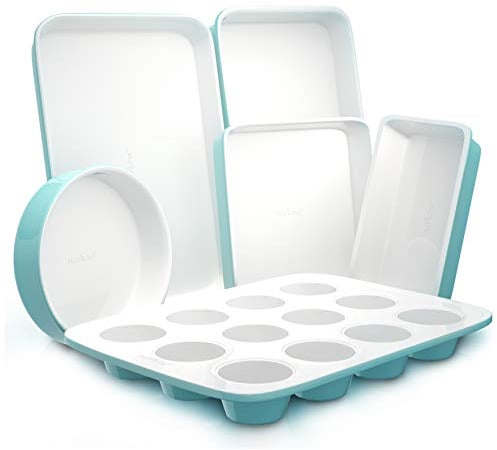 Nutrichef 6-Pcs Kitchen Oven Baking Pans Non-Stick Sheets Set, Attractive Green Pans & White Inside, Quality Kitchenware for Cooking & Baking Cake