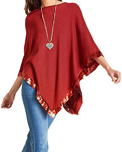 Ashley Brooke Poncho Cardigan gemütlicher Damen Strick-Poncho Freizeit-Poncho Winter-Poncho mit Pailletten Rot/Braun, Größe:36/38