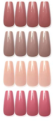 Laza 96 Pcs Colorful Fake Nails 4 Pack Long Ballet Ballerina Coffin Lotus Pink Nude Champagne Full Cover Long UV Coat Artificial Acrylic Nails - Lotus Cinnamon