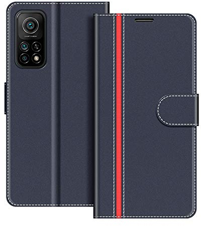 COODIO Coque en Cuir pour Xiaomi Mi 10T, Étui Housse Pochette Fonction Stand pour Xiaomi Mi 10T / Mi 10T Pro, Bleu Foncé/Rouge
