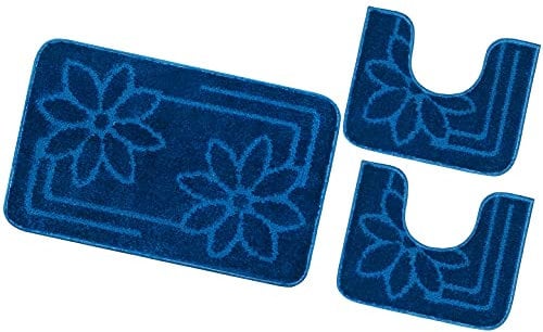 emmevi Tappeto Bagno Parure Fiori Morbido Antiscivolo Assorbente Lavabile MOD.Moorea 6 Set 3 Pezzi Blu