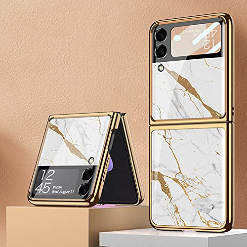 COQUE Galaxy Z Flip 3 5G Case,Ultra Slim 9H Glass Shiny Painted Mobile Phone Shell,Folding Phone Cover for Samsung Galaxy Z Flip 3 5G-Marbling-Golden White