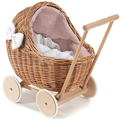 e-wicker24 DESAYER PUPPENWAGEN AUS WEIDE MIT LEINEN BETTWÄSCHE, Spielzeug AUS WEIDEN, NATÜRLICHE KINDERSPIELZEUG, EIN Geschenk FUR Kinder Weiß 48x28 H47
