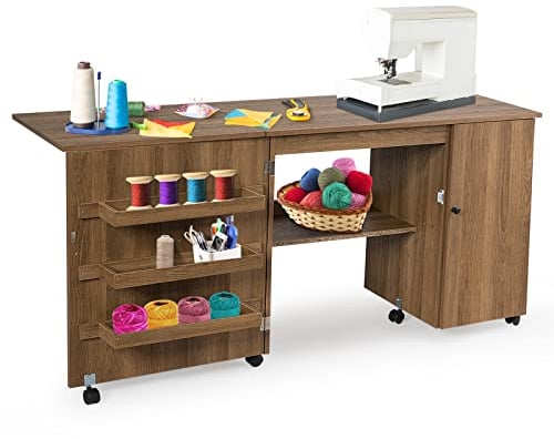GIANTEX Nähtisch klappbar, Nähschrank auf Rollen, Nähmaschinentisch Nähtisch für Nähmaschine, Nähmaschinenschrank mit Arbeitsplatte & Ablagen & Tür, Mehrzwecktisch Basteltisch Holz 158,5x50x74cm