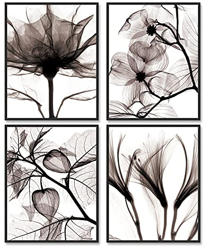 A ART·ZONE Lot de 4 impressions d'art mural noir et blanc, décoration minimaliste, 28 x 35,6 cm, sans cadre, impressions sur toile, impressions botaniques, art mural moderne, peinture végétale