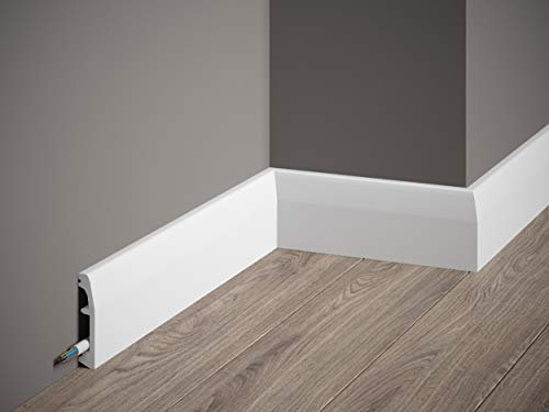Mardom Decor | MD017 | Plinthe avec goulotte de câble | 200 x 6,9 x 1,4 cm | Blanc mat avant apprêté | plus dur que le bois | Résistant aux chocs et aux rayures