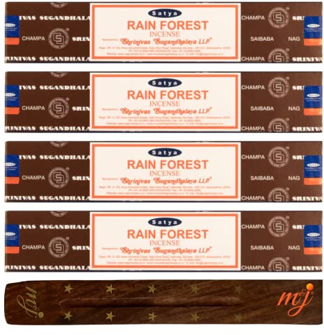 Original Satya Nag Champa Rain Forest Incense Sticks | with M&J incense sticks holder | x4 pack | for Aromatherapy, Spa, Yoga, Weddings, Meditation, Healing, Positivity and Relaxation