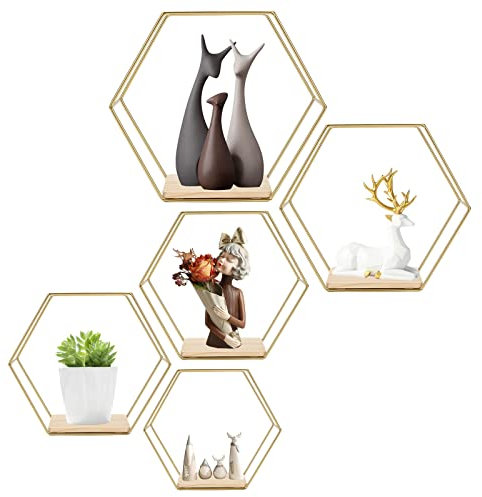 WingFly Hexagon Wandregal Ablage aus Holz Metall, 5 Größen Hängeregal Schweberegal Gitterregal Wanddeko Dekorative Regale für Wohnzimmer Schlafzimmer Küche