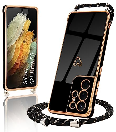 Micoden Handykette kompatibel mit Samsung Galaxy S21 Ultra 5G hülle Ultra dünn Kameraschutz Herz Design Galvanik Silikon Bumper Abnehmbar Kordel zum Umhängen Handyhülle mit Band Schutzhülle,Schwarz