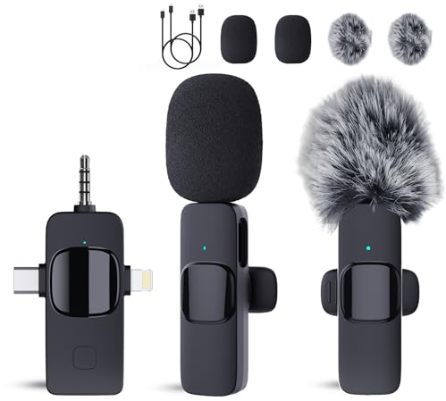 HITROLINK Wireless Lavalier Microphone for iPhone Android Camera with Furry Windproof Covers, Dual Lavalier Microphone for Interviews, Live Streaming, YouTube, TikTok, Plug-Play, 3-in-1 Receiver