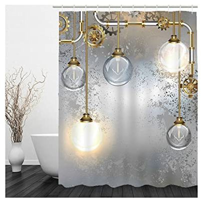 Skcess Duschvorhang 120x180, Polyester Duschvorhang Graues Gold Duschvorhang Wasserdicht Retro Runder Kronleuchter Duschvorhang Antischimmel