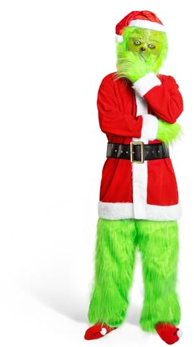 Claofoc 7 Teiliges Grinch Kostüm Erwachsene Männer Deluxe Santa Anzug Set Weihnachten Cosplay Kostüm Outfit mit Grinch Maske Handschuhe Hut Hosen Socken (M)