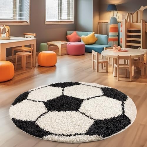 SIMPEX Kinderteppich Rund 100 cm Schwarz Weiß Weicher Hochflor Spielteppich mit Fußball Motiv Pflegeleicht & rutschfest Ideal für Jungenzimmer & Mädchenzimmer im Jugendstil