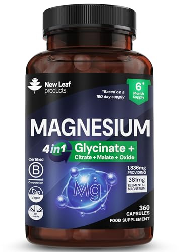Magnesium Glycinate 4-in-1 Complex 1836mg – 381mg Elemental Per Serving – High-Strength Magnesium with Bisglycinate, Citrate, Malate, Oxide – 360 Vegan Capsules – UK Manufactured by New Leaf