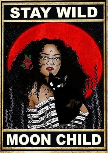 kisoyo Black Girl Vintage Metall-Blechschild - Stay Wild Moon Child Poster, schwarze Katze, Wandkunst, afrikanische amerikanische schwarze Mädchen-Magie, Hippie-Mädchen-Druck