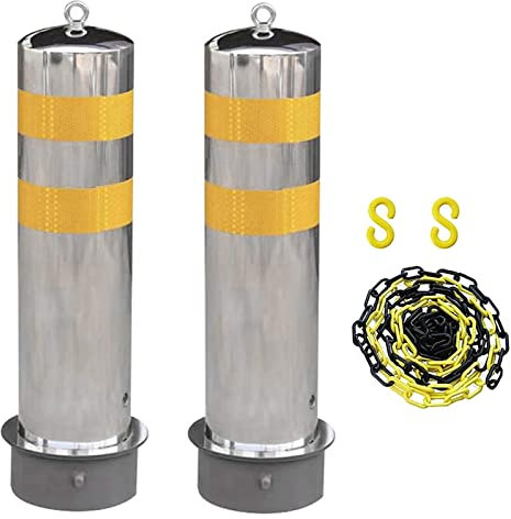 Auffahrt-Sicherheitspfosten, Absperrpfosten für Einfahrten, reflektierendes Klebeband, 5 m Absperrkette und 2 Stück Parkpfosten aus Edelstahl, Leitkegel (Silber, 600 mm x 159 mm)