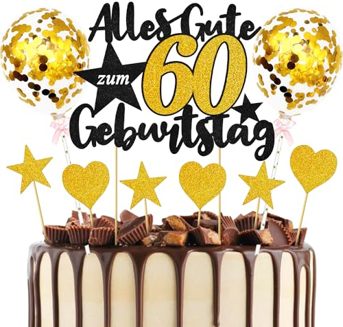 60th Geburtstag Tortendeko Gold Schwarz, Kuchen Deko Geburtstag 60 Jahre, Torten Deko 60 Geburtstag, Alles Gute Zum Geburtstag Torte 60, Mit 2 Kleinen Goldenen Luftballons, 3 Herzen, 3 Sternen