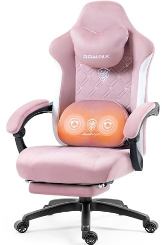 Dowinx Gaming Stuhl Stoff mit Beheizter Massage Lendenwirbelstütze, Gamer Stuhl mit Tasche Frühling Kissen und Fußstütze, Roß und Hoch Gamer 150 kg Belastbarkeit (Rosa)