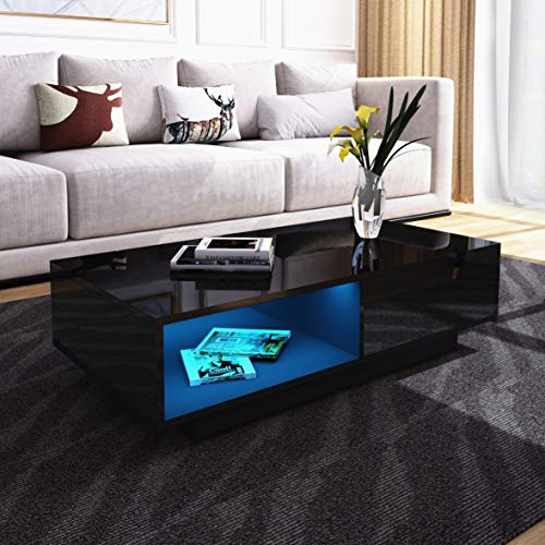 Moderner Couchtisch Schwarz Hochglanz Kaffee Tee Tisch mit 1 Aufbewahrungs Schublade Mitteltisch mit LED Licht Set für Wohnzimmermöbel