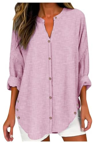 Chemises pour femmes - Hauts modernes - T-shirt pour femme avec grand col rond ample - Imprimé amusant - Manches courtes - Chemise à rayures, Rose, XL