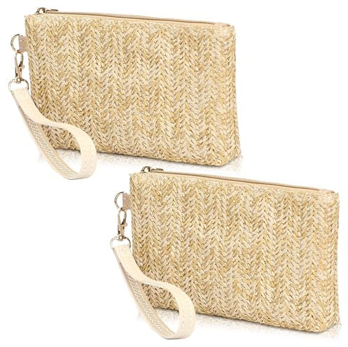 Chihutown 2 Pieces Straw Purse, Womens Straw Clutch Bag, Zipper Wristlet Straw Wallets (Beige)