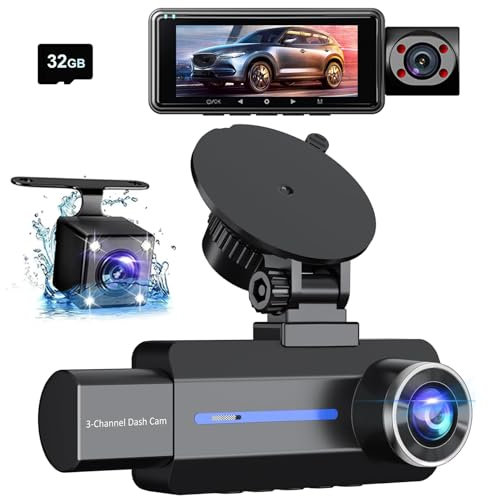 3-Kanal-2K-Dashcam Auto, 1440P-Dashcam Auto Vorne Hinten, Dashcam für Autos, Autokamera mit 32-GB-Karte, G-Sensor, Loop-Aufnahme, 170°-Weitwinkel, IR-Nachtsicht.