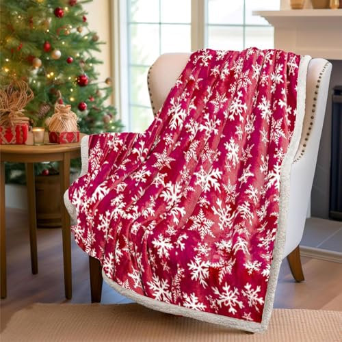 Weihnachtsdecke, rot-blauer Schneeflocken-Druck, weich, warm, für Schlafsofa, Bett, Camping, Festival