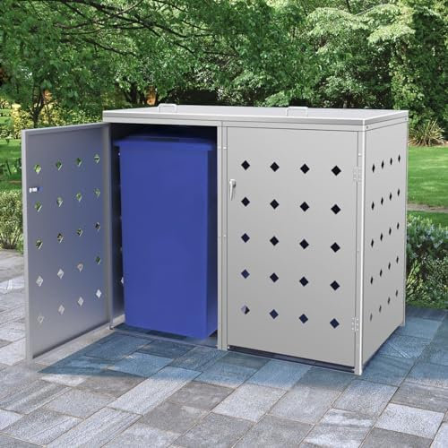 qohoio Abri de Poubelle Double sur roulettes 240 L Acier Inoxydable,Cabane De Jardin Exterieur, Resine Abri Poubelle