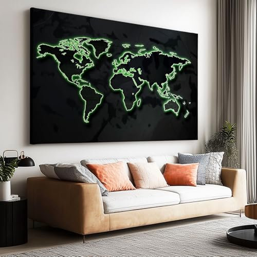 Wandbilder Groß 160 x 80 cm XXL Schlafzimmer Home Deko Wohnung Bild Wohnzimmer Fotoleinwand Wand Bilder Leinwand Wall Decor - Grün leuchtende Weltkarte Poster Rahmenlos