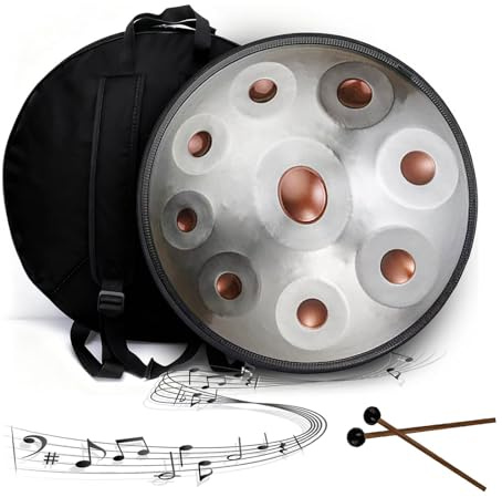 Handpan Drum in Acciaio 22 Pollici 432Hz/440Hz Tamburo in Acciaio 9/10/12 Note in Re Minore, Tamburo a Mano Completo di Custodia Morbida e Accessori per Yoga Meditazione(Gold-Silver,440HZ/9Note)