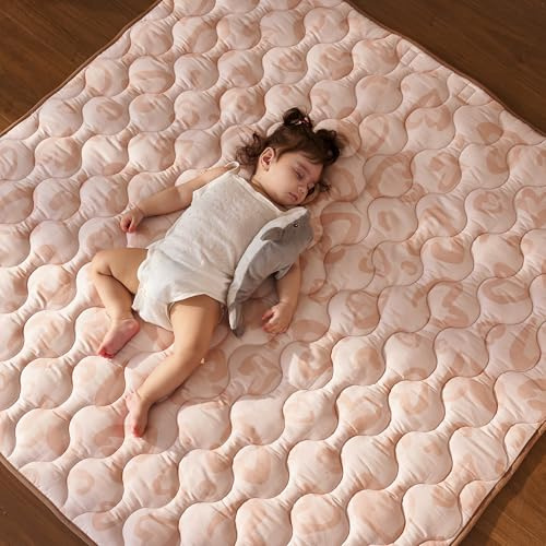 Momcozy Spielmatte Baby für den Boden, 127x127 cm verdickte Krabbeldecke, Spielunterlage für Baby Bauchzeit, wasserabweisend & rutschfest, Spielmatte Baby faltbar Outdoor mit Tragegriff, Rosa Liebe