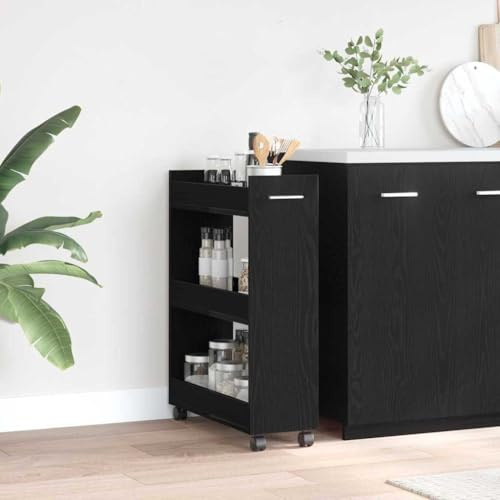 Augerlite Armoire à roulettes noire aspect chêne 60 x 22 x 79 cm avec 3 étagères pour la maison, le bureau et la cave Armoire multifonction avec étagère et porte pour l'ordre et le rangement