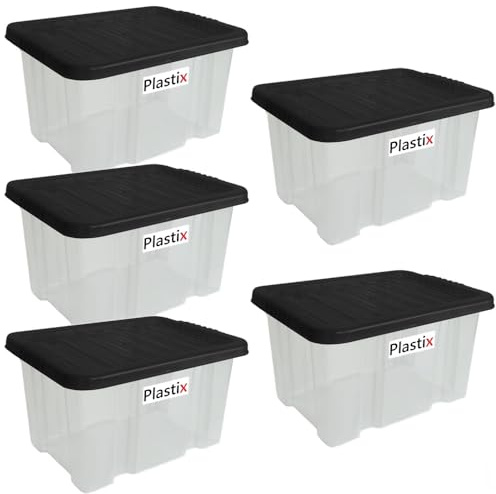 Plastix Set of 5 Clear Plastic Storage Box Boxes With Lids Home Office Stackable UK Made (24 LITRE, With Black Lid)