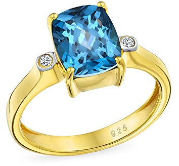 Personalisierte 3,17 Karat Echte Edelstein Geburtssteine Zirkon Akzent London Blue Topas Smaragdschliff Verlobungsring Gelbgold Plattiertes .925 Sterling Silber Anpassbar