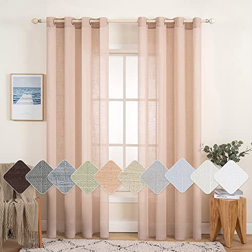 MIULEE 2er Set Voile Vorhang Sheer Leinenvorhang mit Ösen Transparente Leinen Optik Gardine Ösenschal Wohnzimmer Fensterschal Lichtdurchlässig Dekoschal Schlafzimmer 140x175cm (B x H) Pfirsich
