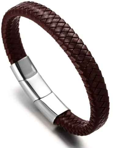 HALUKAKAH Plus ● Solo ● Men's Genuine Brown Leather Bracelet Classic Style Titanium Magentic Clasp Size Adjustable 8.46-9(21.5-23cm) with Free Giftbox