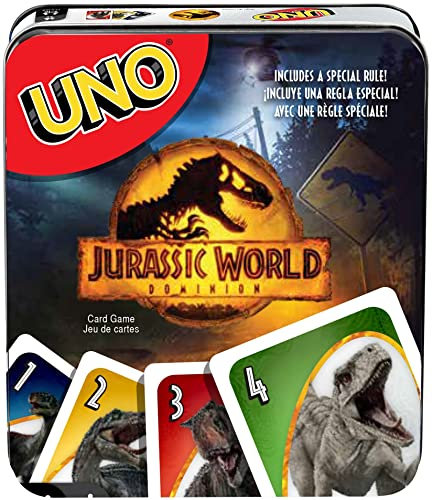 UNO Jurassic World Dominion Kartenspiel mit Filmdeck, Sonderregeln und Aufbewahrungsdose, Geschenk und Sammlerstück für Dinosaurier-Fans
